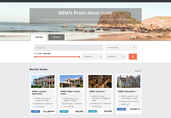 Sale Rent Widget with Real Estate theme on the Home page